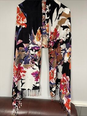 Dramatic Back, red & Purple Long Floral Fringe Scarf, medium weight Rayon, EUC!